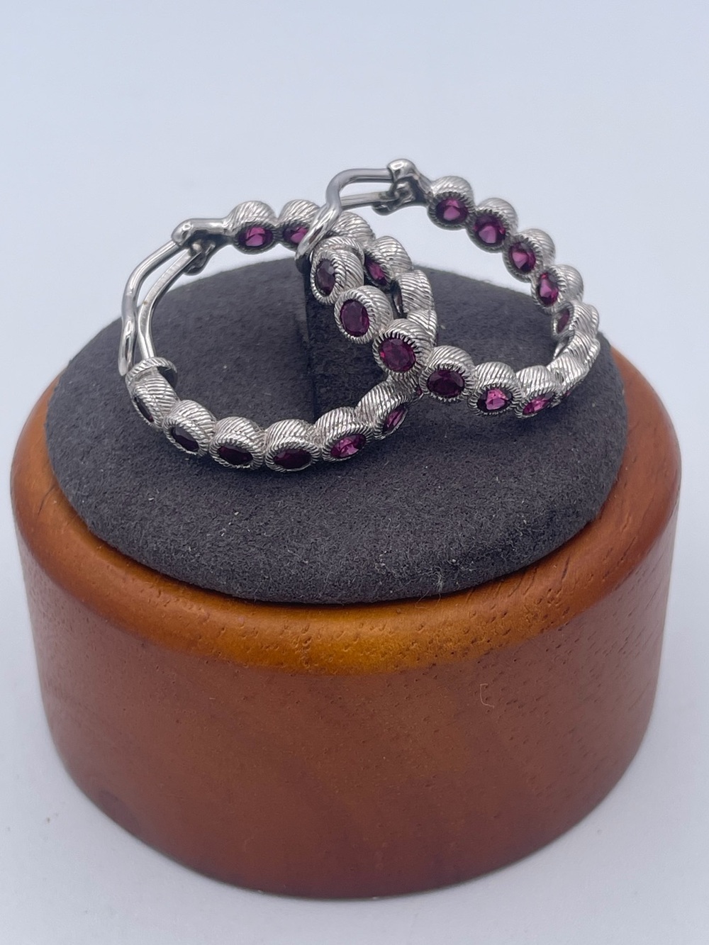 Judith Ripka Sterling Silver 925 Rhodolite Garnet Hoop Earrings Clip On Omega